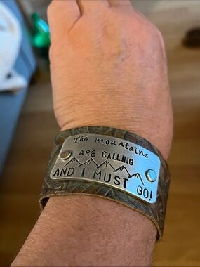 Leather and Metal 'The Mountains Are Calling' Cuff Bracelet